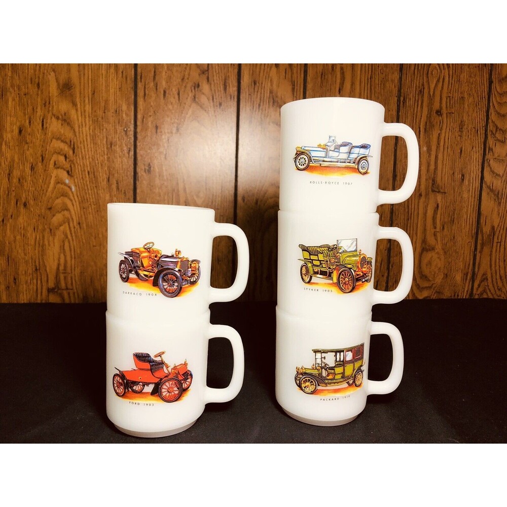 RARE Milk Glass Coffee stacking Mugs Vintage CARS Lot Of 5